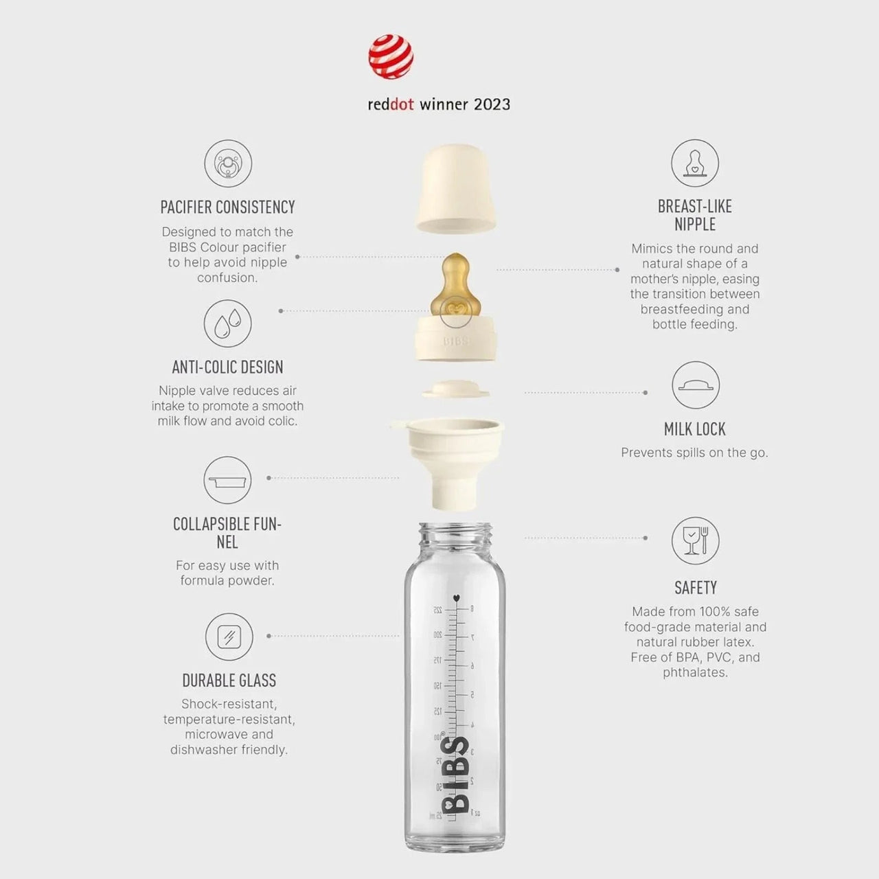 BIBS Baby Glass Bottle Complete Set Latex 225ml - Ivory - Miu Mau Collectibles