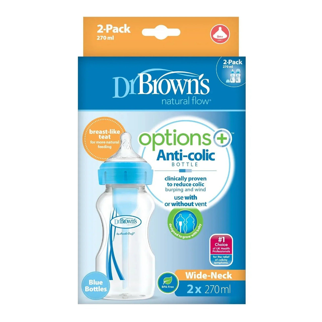 Dr. Brown's Options+ Anti - Colic Baby Bottle Wide Neck Blue 270ml Pack of 2 - Miu Mau Collectibles