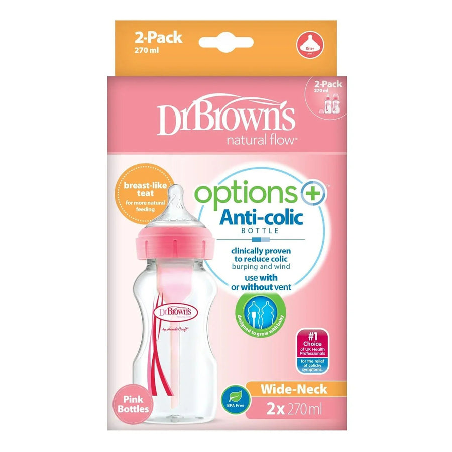 Dr. Brown's Options+ Anti - Colic Baby Bottle Wide Neck Pink 270ml Pack of 2 - Miu Mau Collectibles