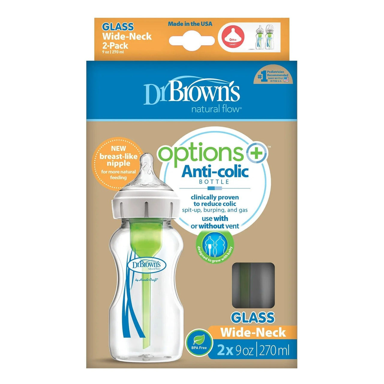 Dr. Brown's Options+ Wide Neck Anti - Colic Glass Bottle 270ml Pack of 2 - Miu Mau Collectibles