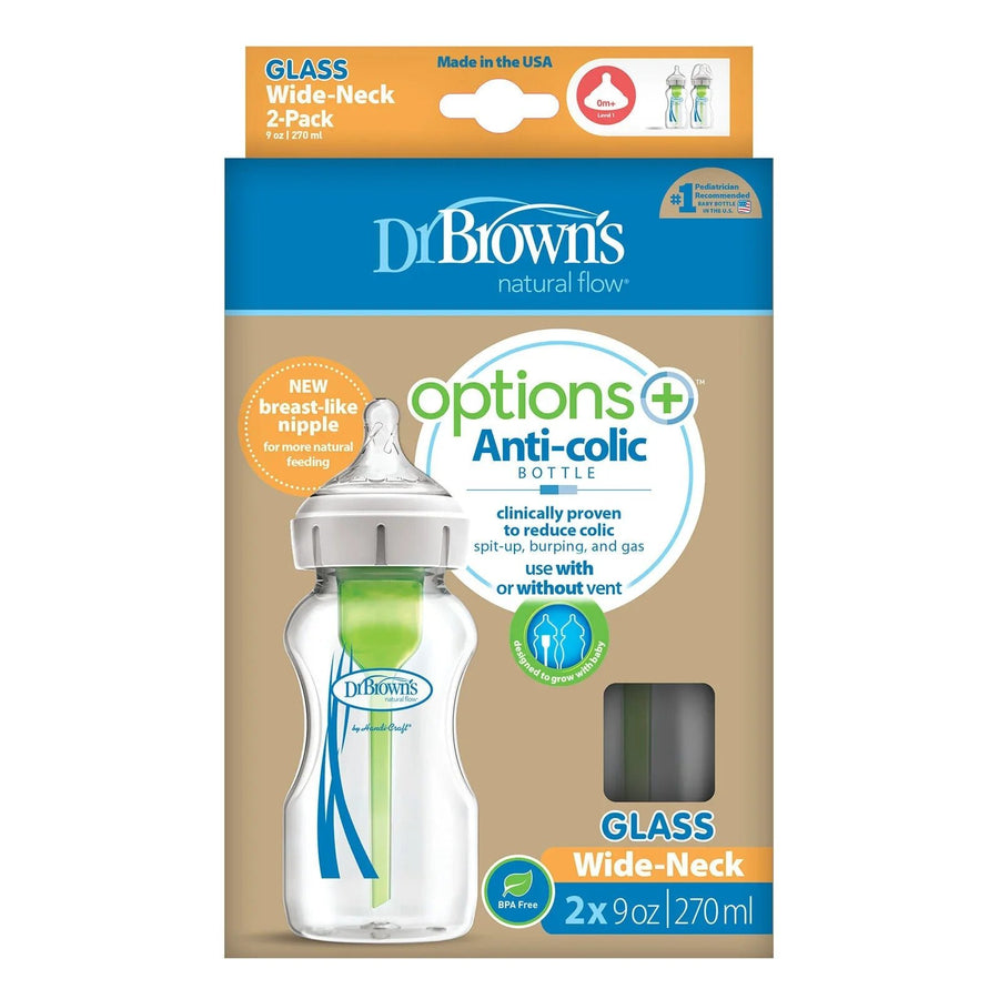 Dr. Brown's Options+ Wide Neck Anti - Colic Glass Bottle 270ml Pack of 2 - Miu Mau Collectibles