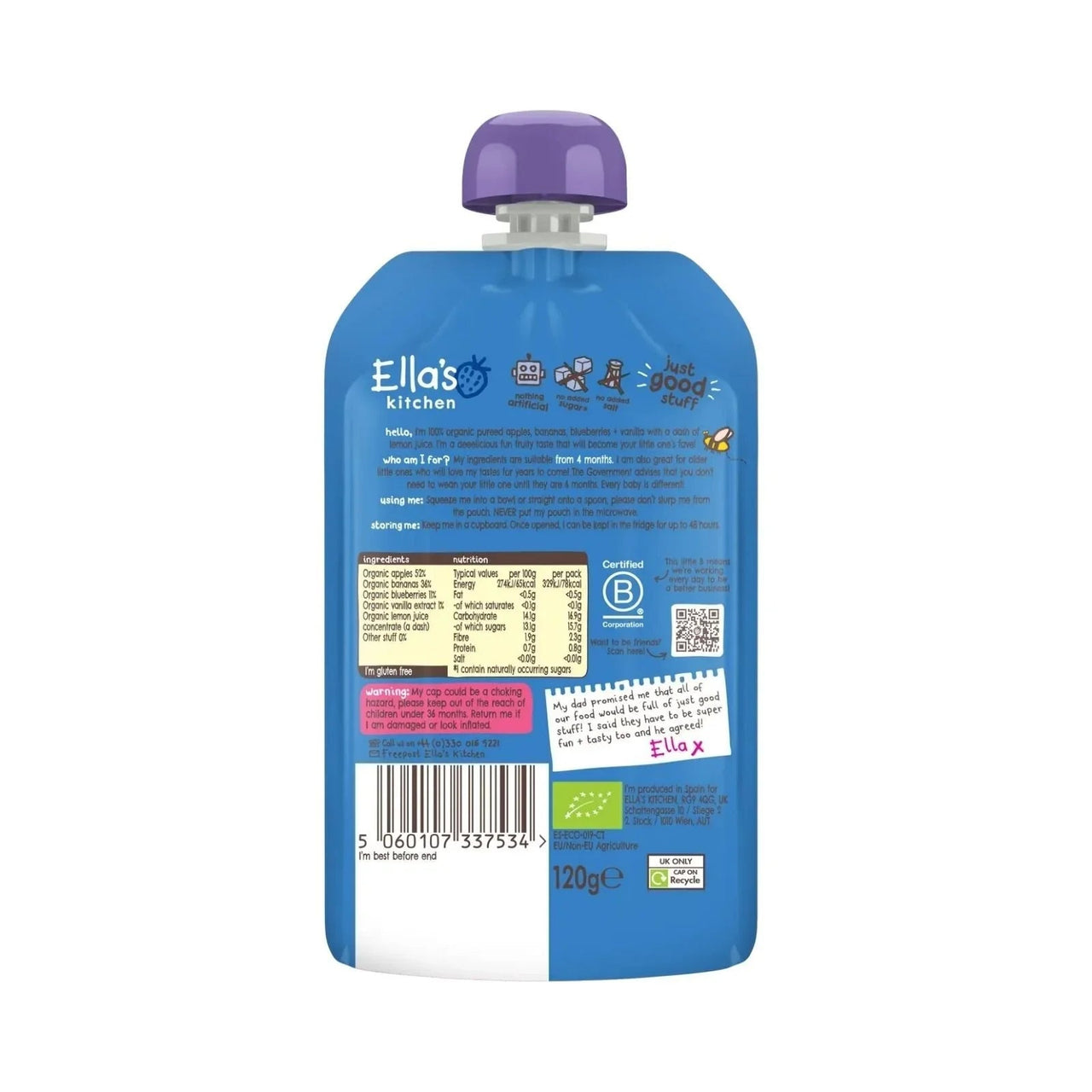 Ella's Kitchen Organic Blueberries Apples Bananas & Vanilla Baby Food Pouch 4+ months 120g - Miu Mau Collectibles