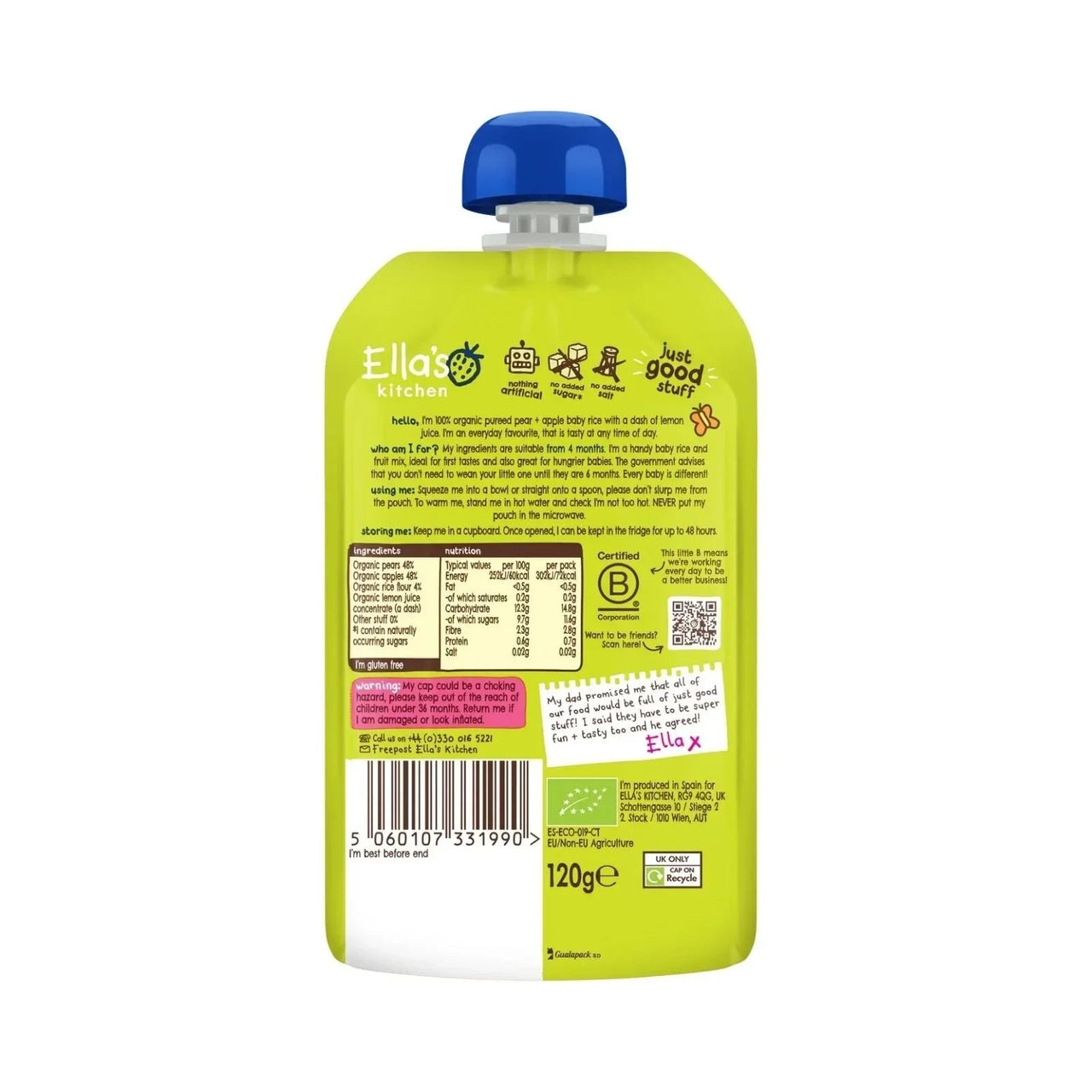 Ella's Kitchen Organic Pear & Apple Baby Rice Baby Pouch 4+ months 120g - Miu Mau Collectibles