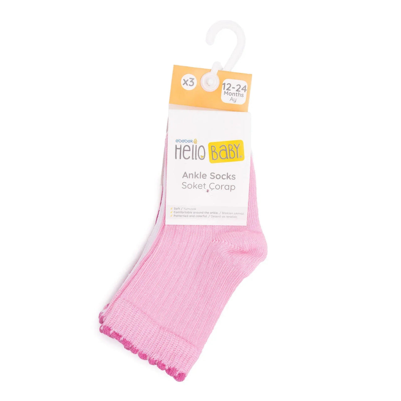 HelloBaby Ankle Socks 3 pcs - Pink - Miu Mau Collectibles
