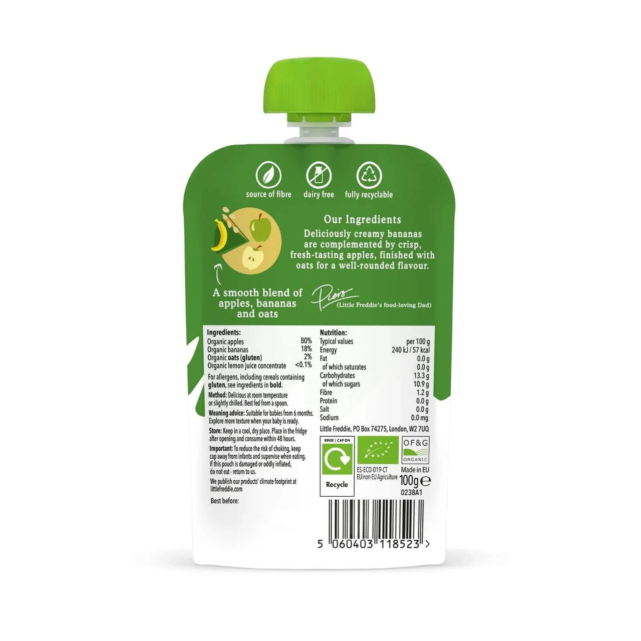 Little Freddie Organic Apples Bananas & Oats Baby Food Pouch 6+ months 100g - Miu Mau Baby & Kids Store