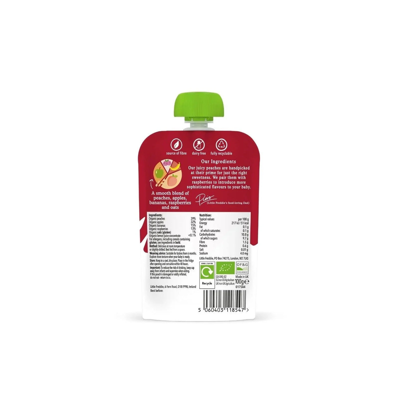 Little Freddie Organic Peaches & Raspberries Baby Food Pouch 6+ months 100g - Miu Mau Baby & Kids Store