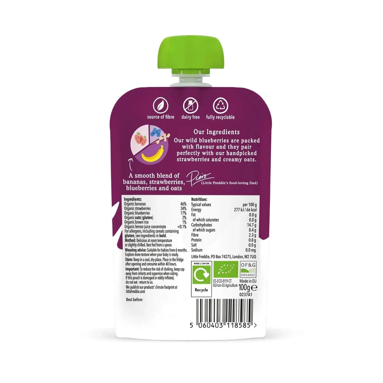 Little Freddie Organic Strawberries Blueberries & Oats Baby Food Pouch 6+ months 100g - Miu Mau Baby & Kids Store