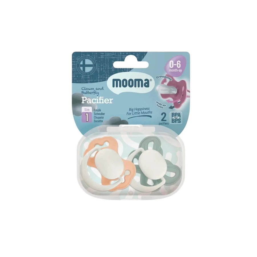 Mooma Clown & Butterfly Soothers 0 - 6 months Pack of 2 - Light Orange & River Green - Miu Mau Collectibles