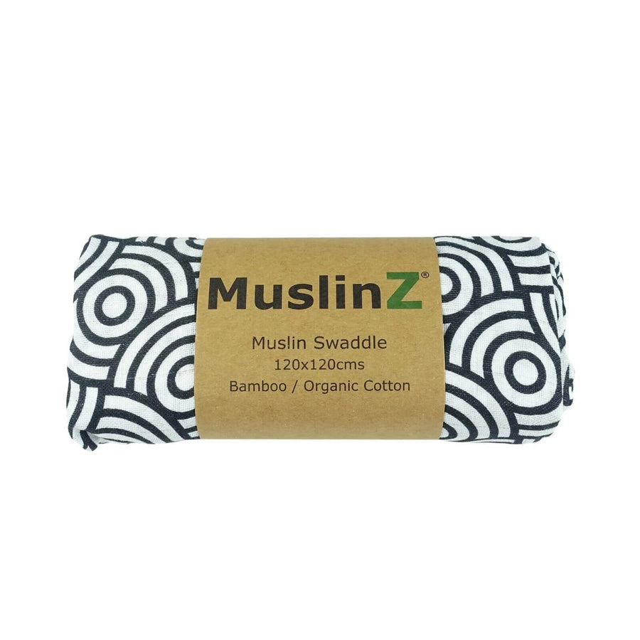 MuslinZ Bamboo/Organic Cotton Muslin Swaddle 120x120cm - Black Swirl - Miu Mau Collectibles